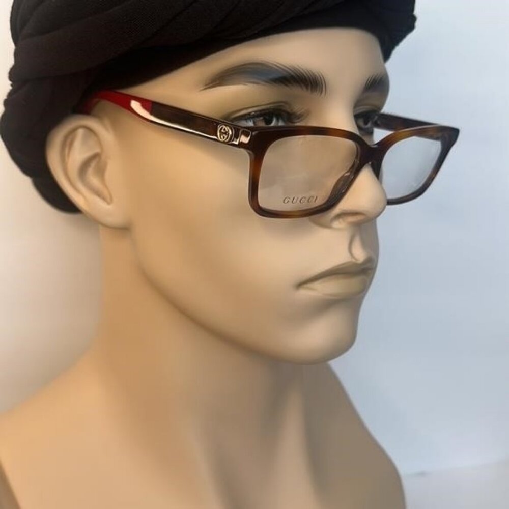 Authentic- New  - Gucci GG 0168O 008 Havana EyeglassBlue Red Temple Ti…